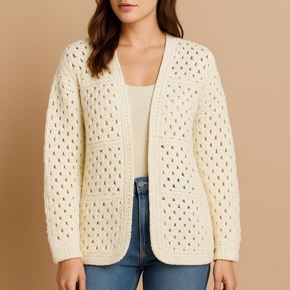 Handmade White Crochet Granny Square Jacket Pearls Cozy Elegant Cardigan Size L - Picture 1 of 6